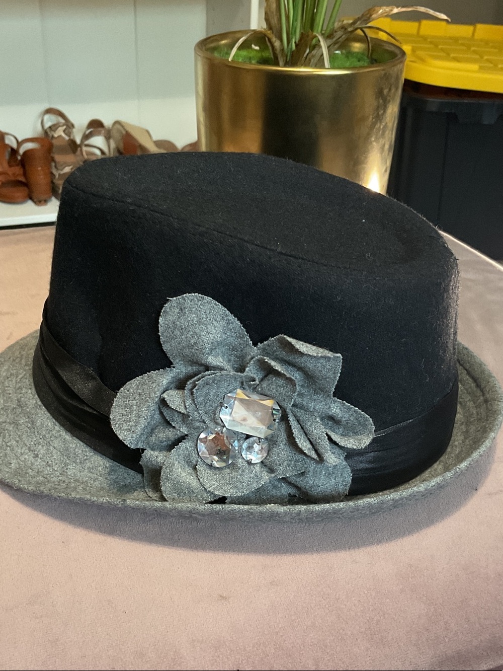New York & Company Black Felt Cloche with Gray Flower and Crystal Accents